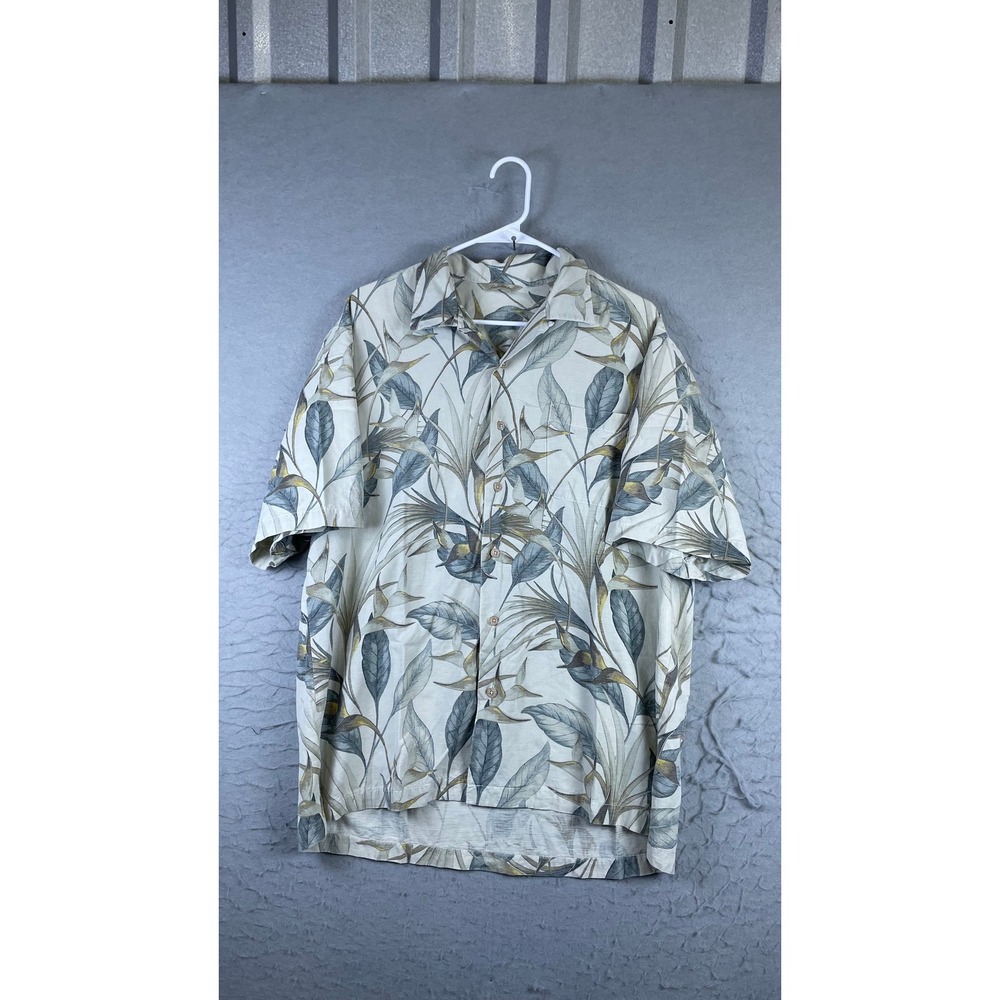 Paradise Collection Button Front Shirt Mens Large Beige Excellent Silk Tropical